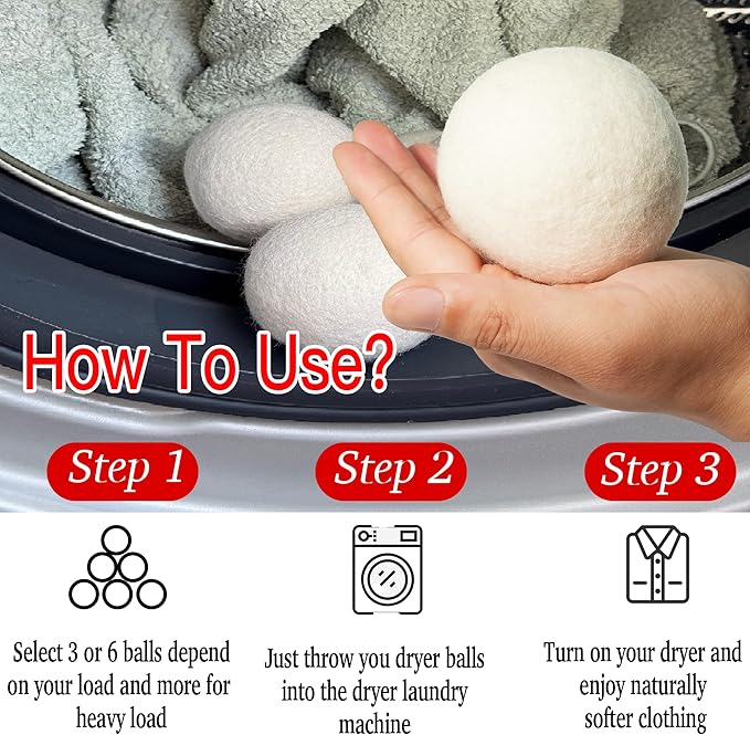 White Dryer Balls XL Laundry Balls Reusable Anti Static, 6 Pcs Lint Balls Remover for Dryer, Dryer Balls Natural Fabric Softener, Reduce Clothes Wrinkles and Saving Drying Time (White 6 Pcs)