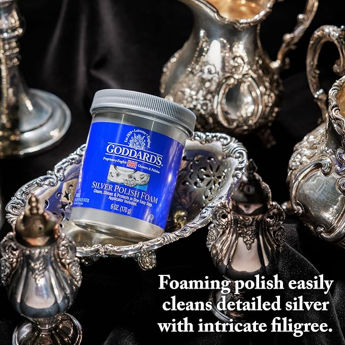 Goddard's Silver Polish Foam – Silver Jewelry Cleaner for Antiques, Accessories, Ornaments & More – Cleaner for Silverware Protection – Tarnish Remover for Jewelry w/Sponge Applicator (18 oz)