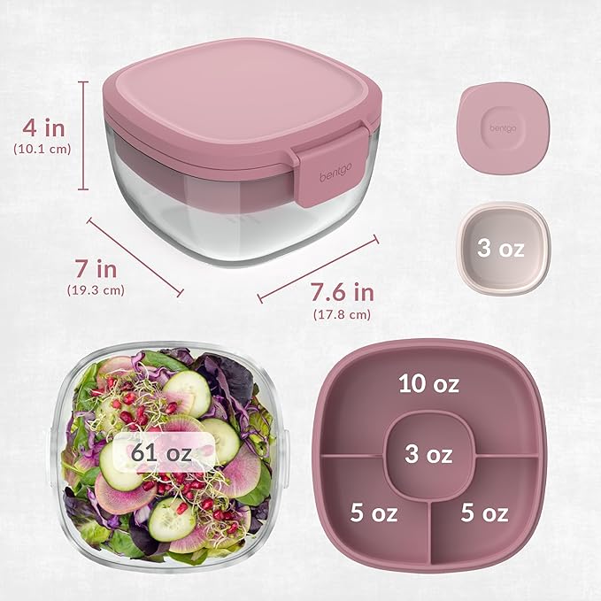 Bentgo Glass All-in-One Salad Container - Large 61-oz Salad Bowl with Lid, 4-Compartment Bento-Style Tray, 3-oz Sauce Container, and Reusable Fork - Dishwasher, Microwave, and Oven Safe (Rose)