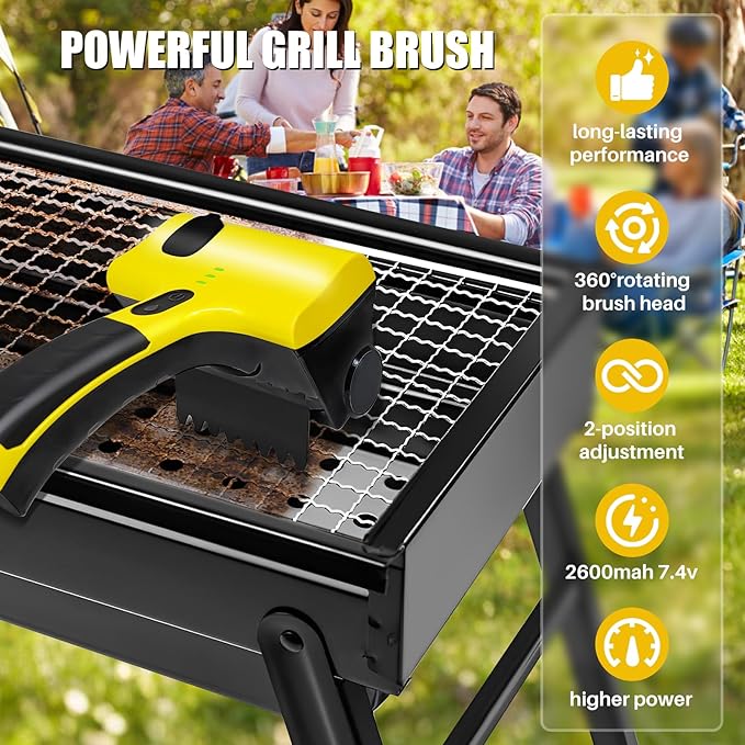 2 in 1 Electric Grill Brush, Rechargeable Barbecue Grill Cleaner with 2 Brush Heads, 360° Rotating Cleaning Brush Grill Accessories