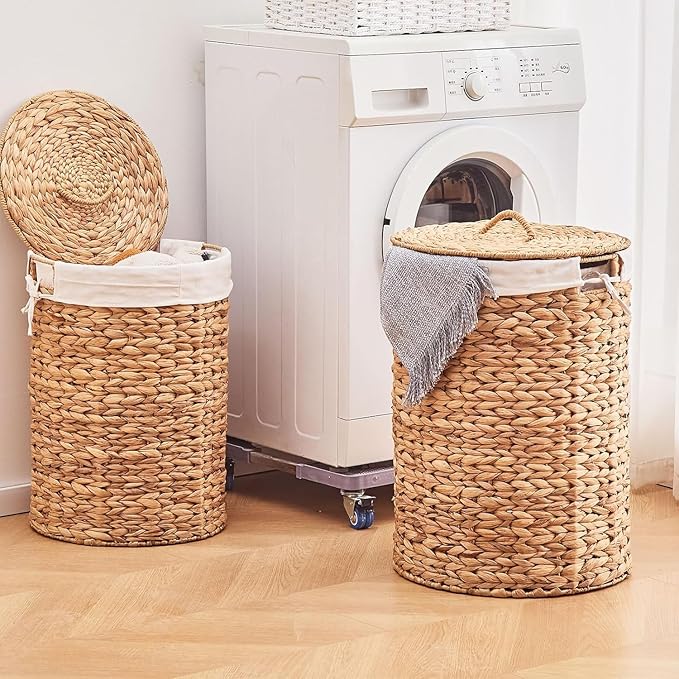 Round Water Hyacinth Laundry Hamper with Lid Handwoven Wicker Basket with Handles for Dirty Clothes, Storage, and Organization Ideal for Bedroom, Bathroom, and Laundry Room, No Assembly Required, 90L
