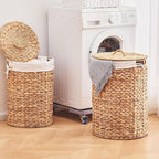 Round Water Hyacinth Laundry Hamper with Lid Handwoven Wicker Basket with Handles for Dirty Clothes, Storage, and Organization Ideal for Bedroom, Bathroom, and Laundry Room, No Assembly Required, 90L