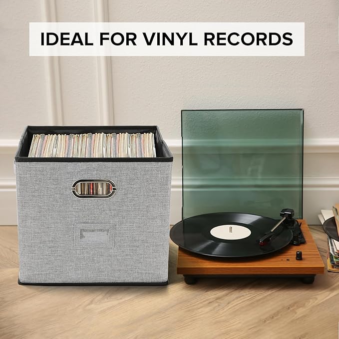 Vinyl Record Storage Box Hold 100+ Lp Albums Foldable Storage Bin with Lid Record Holder for Albums, CDs, DVDs (Grey, Large-2pcs)