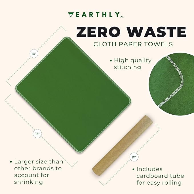Reusable Paper Towels - 24 Pack - Roll of Washable Cotton Cloth Paper Towels - Paperless Reusable Napkins Cloth Washable - Absorbent + Long Lasting - Zero Waste Products - (Green)