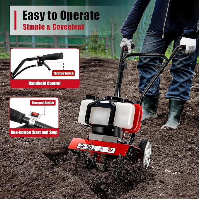 52CC Gas Powered Tiller Cultivator 2-Stroke Garden Cultivator Single-Cylinder Hand Rotary Cultivator Rototiller Garden Tool with Air-Cooling for Garden and Field Soil Cultivation 7000r/min