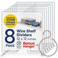 White Wire Shelf Dividers for Closet Organization – 8-Pack – Sturdy and Easy Set-Up Closet Shelf Dividers with Bonus Rose Gold Hanger – 12 inches x 12 inches