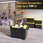 Nazhura 97 Quart Plastic Storage Bin, Stackable and Nestable Storage Boxes with Yellow Lids and Secure Latching Buckles, Large Storage Container (Black/Yellow, 97Quart-6Pack)