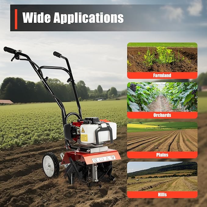 Tiller Cultivator Gas Powered, 52Cc 2 Stroke Garden Cultivator Commercial Tiller Gas Powered Tiller Soil Cultivator with Adjustable Wheels for Plowing Turning Soil Ditching 1700W 6500Rpm