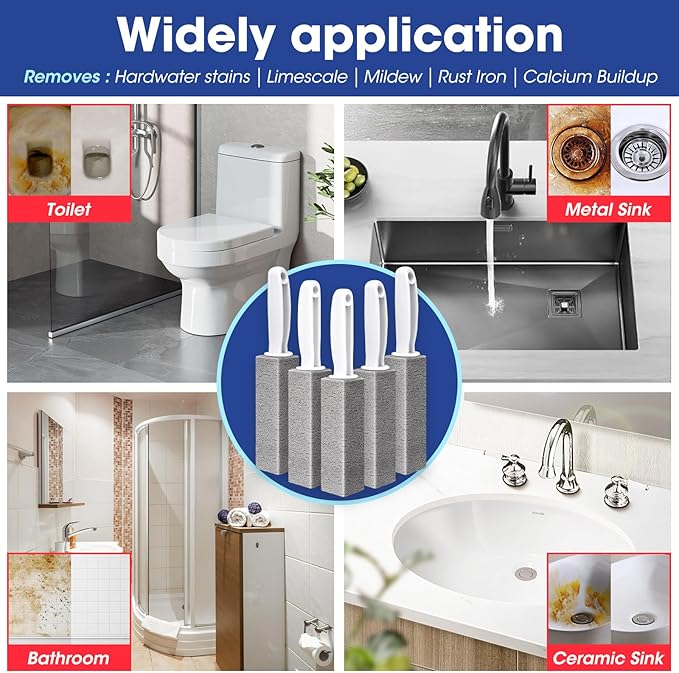 AZEN 5 Pack Pumice Stone for Cleaning, Pumie Scouring Stick with Handle, Pumice Stone Toilet Bowl Cleaner, Hard Water Stain Remover for Toilet, Bathroom, Kitchen Sink, Grill