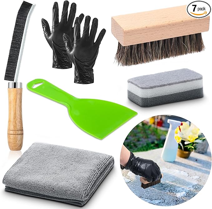 7 Pcs Headstone Cleaner Kit for Grave Cleaning Granite and Stone Daily Cleaner Includes Towel Bristle Crevice Brush Scrub Brush Headstone Cleaning Sponge Disposable Gloves Plastic Scraper