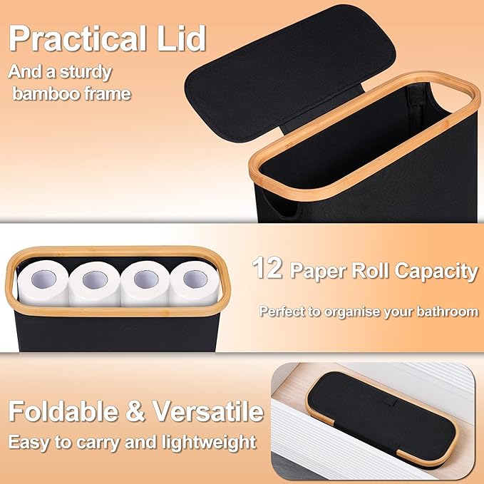 efluky Toilet Paper Basket 28L, Toilet Paper Holder with Lid for Bathroom, Free Standing Storage Organizer Holds Up to 9-12 Rolls (Black, 1)