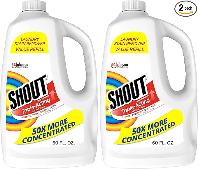 Shout Active Enzyme Laundry Stain Remover Spray for Clothes, Triple-Acting Formula Clings, Penetrates, and Lifts Tough & Everyday Stains - Prewash Refill 60oz (Pack of 2)