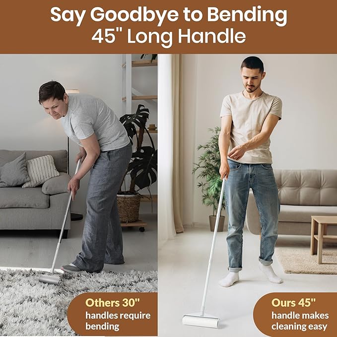 Large Floor Lint Roller Long Handle, 9.45" Wide Super Sticky Pet Hair Lint Remover for Floors Carpet Furniture, 4 Refills 360 Sheets Value Pack,Extendable Handle(18"- 45") – for Dog Cat Owners Homes