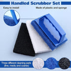 Handled Bath Scrubber Set 3 Pcs Non-Scratch Bathroom Scrubbing Pads with 1 Pc Handle, Reusable Cleaning Sponge Scrub Brush for Cleaning Shower Tile Bathtube Sink Spas Tubs Swimming Pool Step