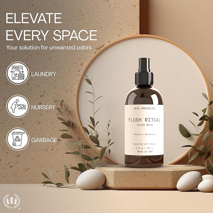 Muse Apothecary Flush Ritual - Aromatic & Refreshing Toilet Spray, Use Before You Go, 2 oz, Infused with Natural Essential Oils - Coconut + Sandalwood, Pack of 3