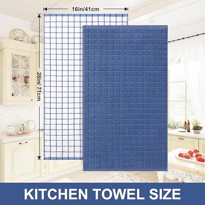Homaxy Premium Cotton Kitchen Towels 16"x 28", Large Natural Ring Spun 390 GSM Dish Towels, Super Absorbent Terry Kitchen Hand Towels, Soft Tea Towel with Hanging Loop, Navy Blue Check Design, 6 Pack