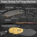 HX Outdoors 14 Inch Bush Machete Kukri Knife, Premium D2 Steel Full Tang Gardening Machete Knife with Kydex Sheath for Outdoor, Camping, Clearing Brush (Black)