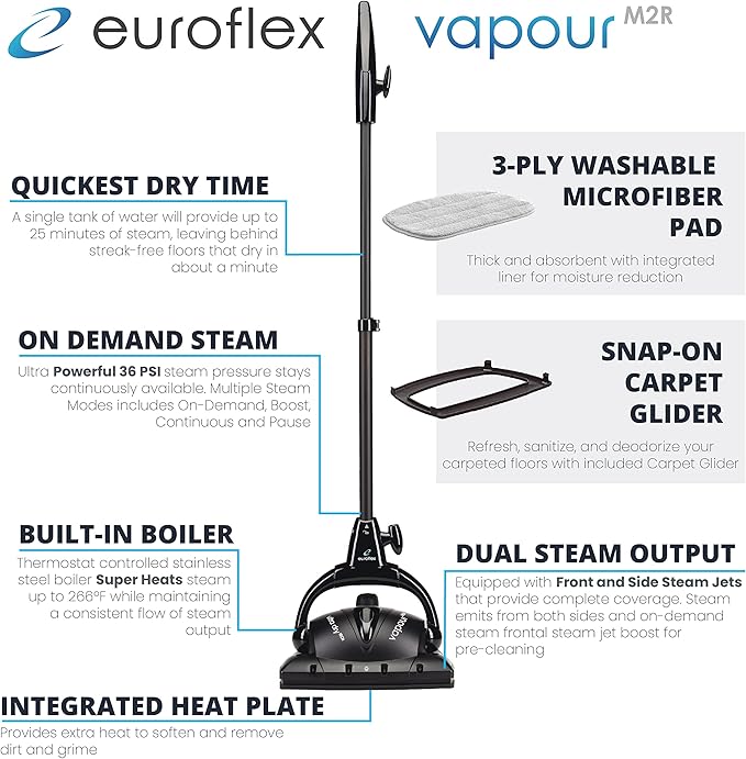 Euroflex Vapour 9-Piece Steam Mop; Ultra Dry Steam Technology; Commercial-Grade 295°F & 50 PSI; Designed & Engineered in Italy; Safe for Steam Cleaning Hardwood & Luxury Vinyl Plank; 5 Year Warranty