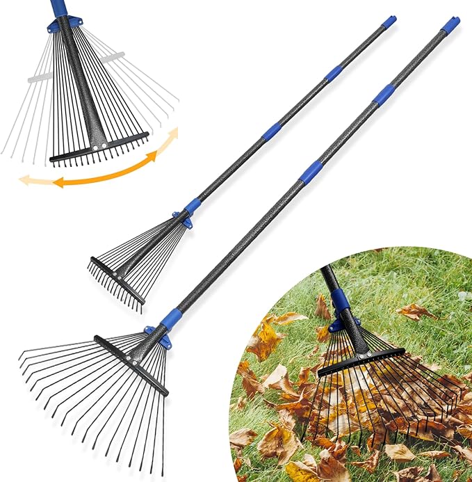 Adjustable Leaf Rake, Heavy Duty Metal Rake for Leaves, Long Handle 30"-75" with Expandable Head 8"-17", Collapsible Small Rakes for Lawns, Gardening, Yard, Camping, Shrub, Grass, Bush, Weed, Debris