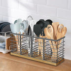 Suli Extra Large Kitchen Utensil Holder Countertop with 4 Compartments,Grey Metal holder with Wooden Base for Countertop,Farmhouse Utensil Organizer for counter,Rustic Cooking Utensil Organizer