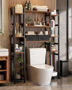 Over The Toilet Storage with 2 Drawers - 11 Tier Bathroom Organizer Freestanding Space Saver Storage Rack with Adjustable Shelf Above Toilet Stand with 4 Hooks for Restroom, Laundry, Rustic Brown