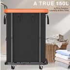 40 Gal (150L) Laundry Hamper with Lid, Leather Patchwork Laundry Basket with Rolling Lockable Wheels and Handle, Laundry Basket Organizer for Laundry Room, Bedroom and Bathroom,Laundry Room - Black