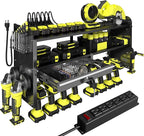 KSVO Power Tool Organizer Wall Mount with Drill Holder, Grinder Bracket, Hammer and Pliers, Locking Drawer, 6-Outlet Charging Rack - Heavy Duty Metal Tool Storage Garage, Workshop (Yellow)