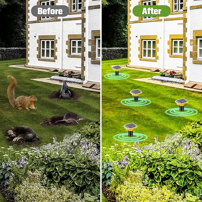 Solar Ultrasonic Mole Repellent, Gopher Repeller Outdoor, 4 Packs Solar Powered Waterproof Snake Repellent Deterrent Gopher Vole Snake Pest and Other Animals from Lawn Garden Yard Home(Yellow)