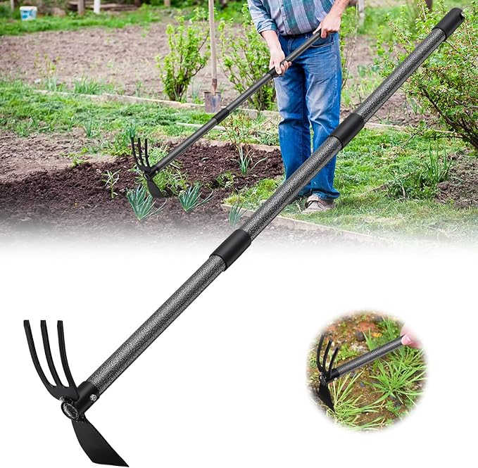 Lilyvane Garden Hoe, 2 in 1 Hand Hoe Garden Tools,45 Inch Long Handle,Garden Hoe and Cultivator for Weeding Cultivating Planting, Small Hand Rake Tiller for Flower Bed Gardening, Loosening Soil
