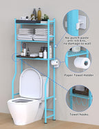 Livilord 3-Tier Over The Toilet Storage, Freestanding Metal Bathroom Shelves with 4 Hooks, Over Toilet Storage Shelf with Paper Holder, Above The Toilet Shelf for Bathroom Storage, Blue