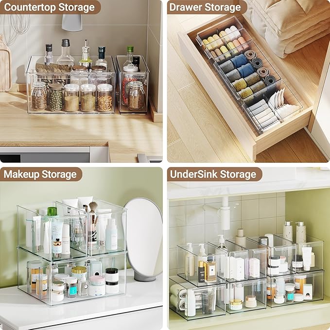 Clear Plastic Storage Bins with Dividers for Kitchen Pantry Organization, 6 Pack Thicken Stackable Storage Drawer Boxes for Refrigerator Cabinets Vanity Organizers and Storage, C6-3