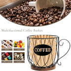 Rustic Metal K-Cup Coffee Pod Holder Mug - Large Wire Basket with Wooden Base for Countertop Coffee Storage - Farmhouse Decor for Home & Office (Rustic Brown-Round)