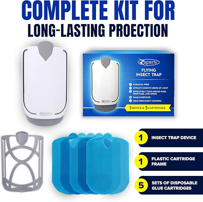 1 Fruit Fly Trap & 5 Adhesive Cartridges, Indoor Plug-in Bug Catcher, UV Light Fly Trap Captures Fruit Flies, Gnats, Houseflies, Moths, and Flying Insects for Kitchen, Bathroom, Plant Areas