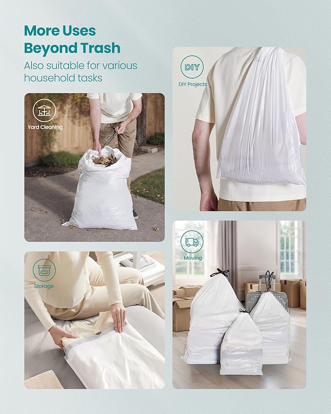 SONGMICS Trash Bags for 13-Gallon (50 L) Trash Cans, Drawstring Kitchen Garbage Bags, Pre-Separated, Quick-Dispense Box, Liner Code K, 4 Rolls, 160 Count, White UKRB051A04