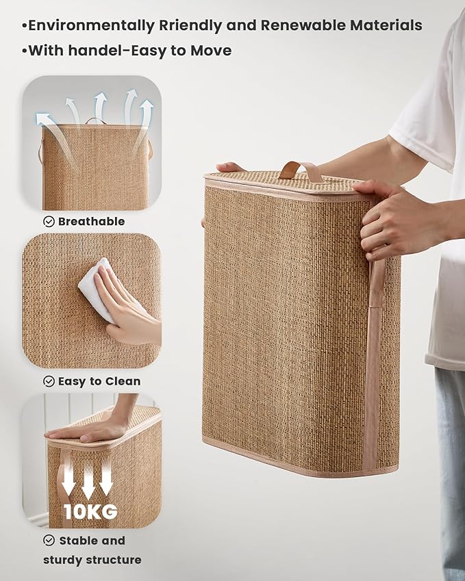 Bamboo Toilet Paper Storage Basket with Lid & Handle - 32L Large Capacity Handwoven Bathroom Organizer for 16 Rolls - Sturdy Stand Holder for Toilet Paper Organization, Carbon Brown