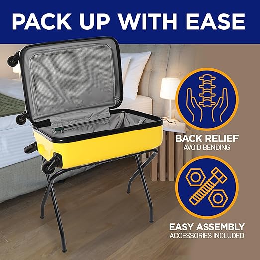 Lifemaster Metal Luggage Rack - Pack of 4 Foldable, Easy Assembly, Space Saving, and Stylish Steel Frame Guest Suitcase Stands with Nylon Straps - Black