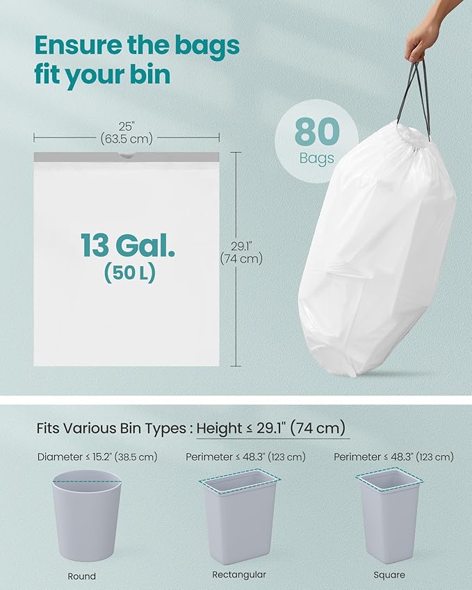 SONGMICS Trash Bags for 13-Gallon (50 L) Trash Cans, Drawstring Kitchen Garbage Bags, Pre-Separated, Quick-Dispense Box, Liner Code K, 2 Rolls, 80 Count, White UKRB051A02