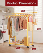 Sakugi Metal Clothes Rack - Double Rod Clothing Rack with Fixed Design and Rolling Wheels, Coat Rack with Built-In Shelf for Closet Organizers and Storage (38.5" x 16.9" x 59.0", Gold)
