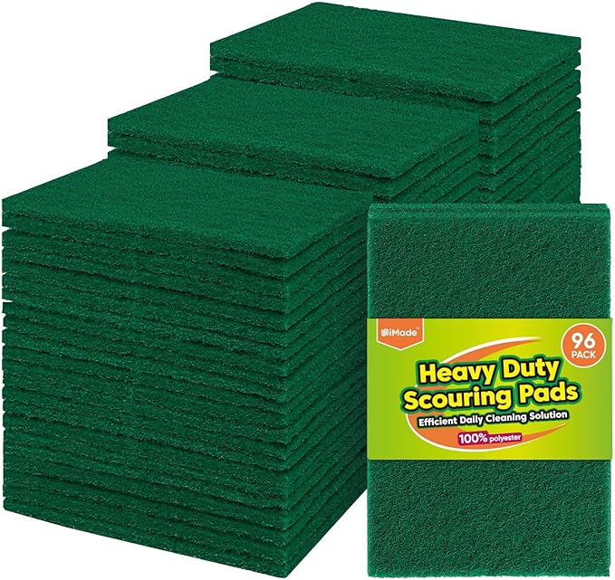 Heavy Duty Scouring Pad, 96Pcs Household Scour Pad for Kitchen, Garage and Outdoors, Reusable Dish Scrubber Pads for Pan and Metal Grill - Green