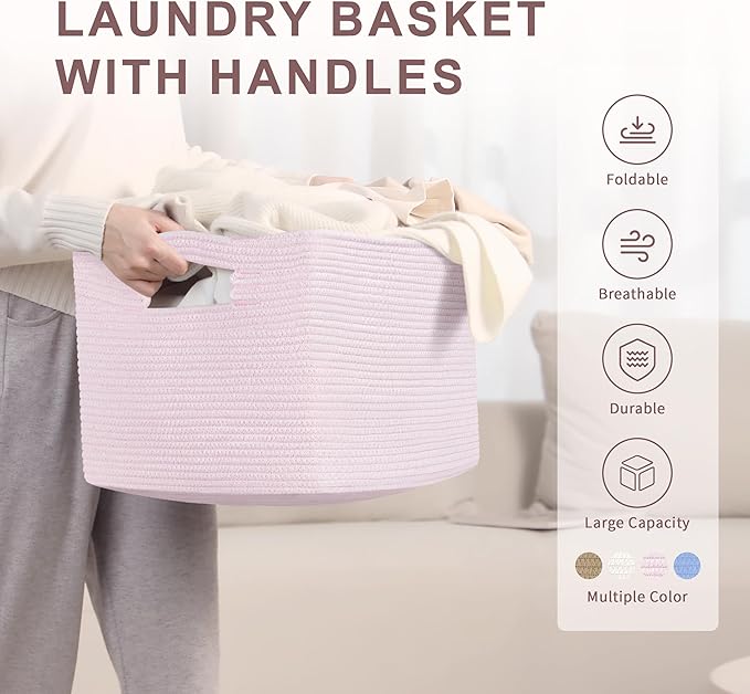 45L Small Baby Girls Laundry Basket for Nursery Storage,Cute Woven cotton Rope Baskets for Kids Toy，Gifts, Boho Square Wicker Blanket hamper for Living Room,Bedroom Dirty Clothes,Pink