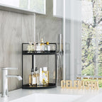 Corner Bathroom Counter Organizer, 2 Tier Wood Vanity Storage, Waterproof Skincare Shelf for Kitchen & Toiletries Decor, Dresser (Black-2 Tier)