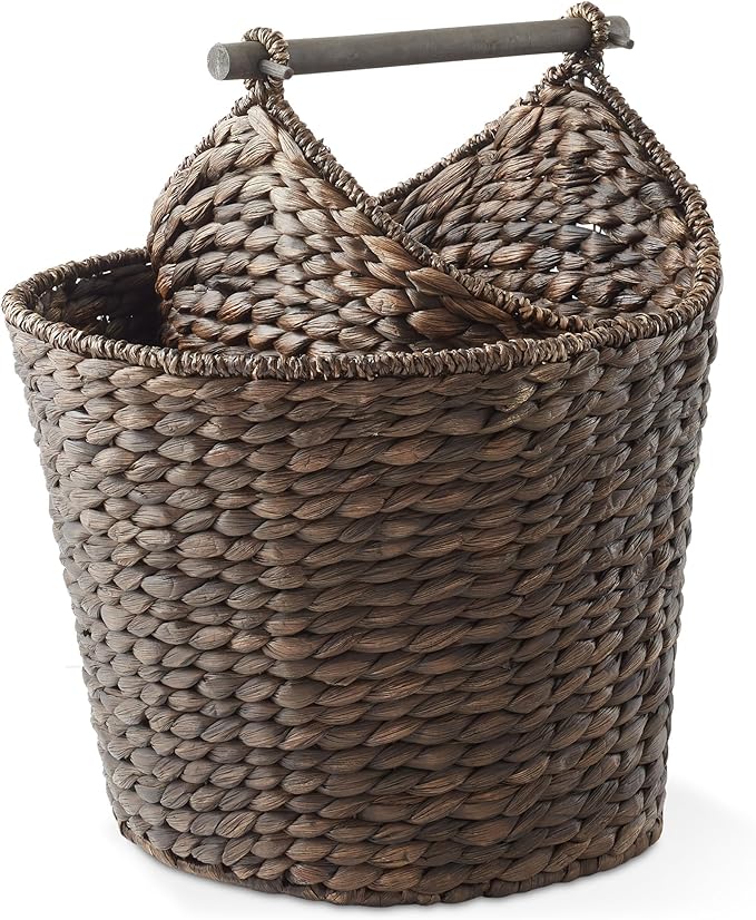 Casafield Toilet Paper Roll Storage Basket with Magazine Holder, Espresso - Woven Water Hyacinth Wicker Bathroom Bin for Bath Tissue and Toiletries