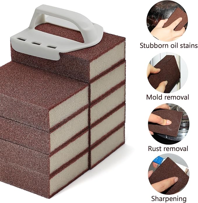 Magic Carborundum Sponge, 6pcs with 1 Handle Rust Foam Cleaning Eraser for Pots, Pans, Sink, Grill, Household Cleaning Emery Sponges for Kitchen, Bathroom