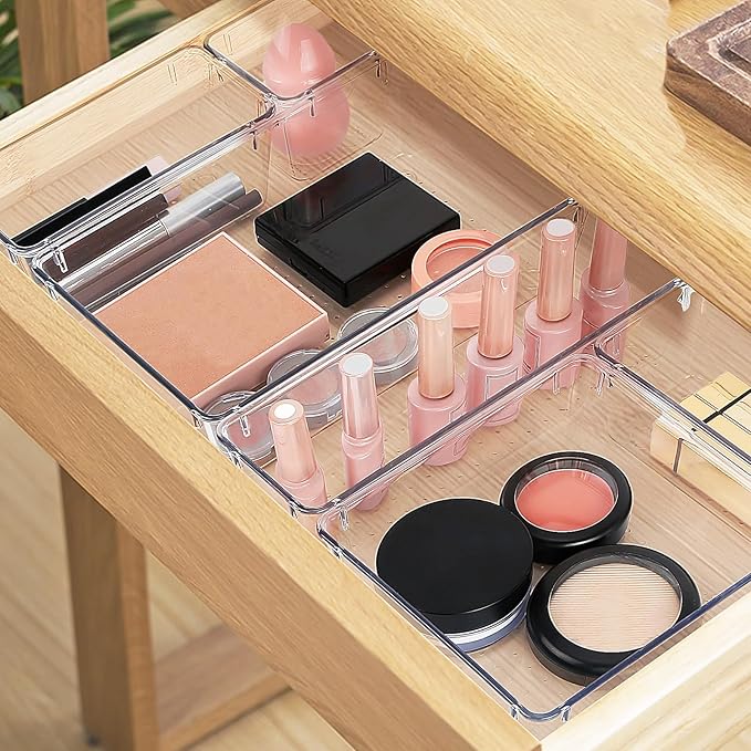 StorMiracle 16 PCS Drawer Organizer Set, 5 Varied Size Bathroom and kitchen Drawer cabinet organizer Trays, Clear Storage Bins for Makeup, Jewelry, Utensils and Gadgets