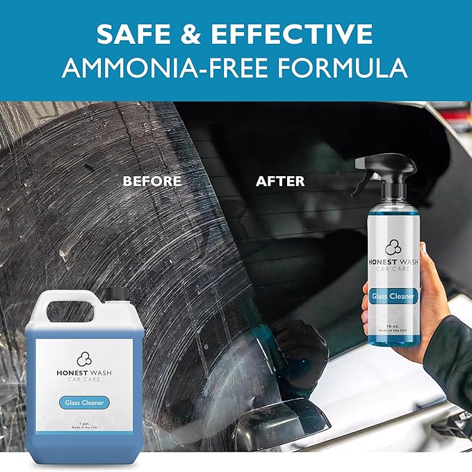 Honest Wash Car Glass Cleaner – Ammonia-Free Streak-Free Formula for Glass, Mirrors, Windshields, & Hard Surfaces | Safe for Plastic, Stainless Steel, Porcelain, and More | Made in the USA (128 Fl Oz)