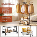 Clothes Rack with 3-Level Height Adjustment - Double Rod Extendable Hanging Rails with Wooden Finials, Luxury 2-Tier Metal Storage Shelves - Sturdy Wardrobe Rack for Closet, Bedroom or Laundry