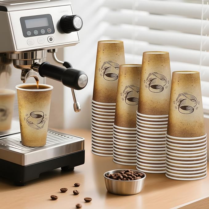 180 Pack 16 oz Disposable Paper Coffee Cups, Hot/Cold Drinking Cups, coffee, Juice, Retro Design, Leak-Proof, Party, Picnic, Events, Travel, Offices, Shops