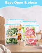 120 Pack Calendar Slider Quart Freezer Bags Reusable Food Storage Bags Slide Zipper Expandable Bottom Clear Plastic Freezer Bags With Write-On-Label For Food Storage (Blue)