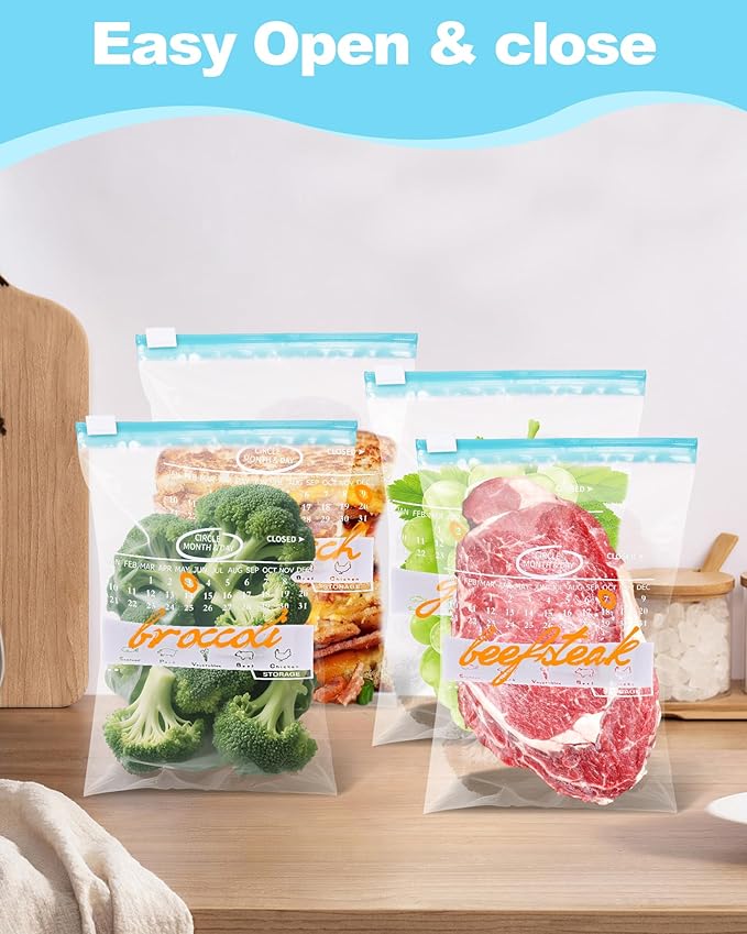 120 Pack Calendar Slider Quart Freezer Bags Reusable Food Storage Bags Slide Zipper Expandable Bottom Clear Plastic Freezer Bags With Write-On-Label For Food Storage (Blue)