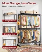 Sakugi Clothes Rack - Double Hanging Rod Clothing Rack with Wheels & Leveling Feet, Large Capacity Wardrobe Closet with Shelves for Bedroom, Laundry Room, Entryway, 45.2" x 12.6" x 80.7", Black